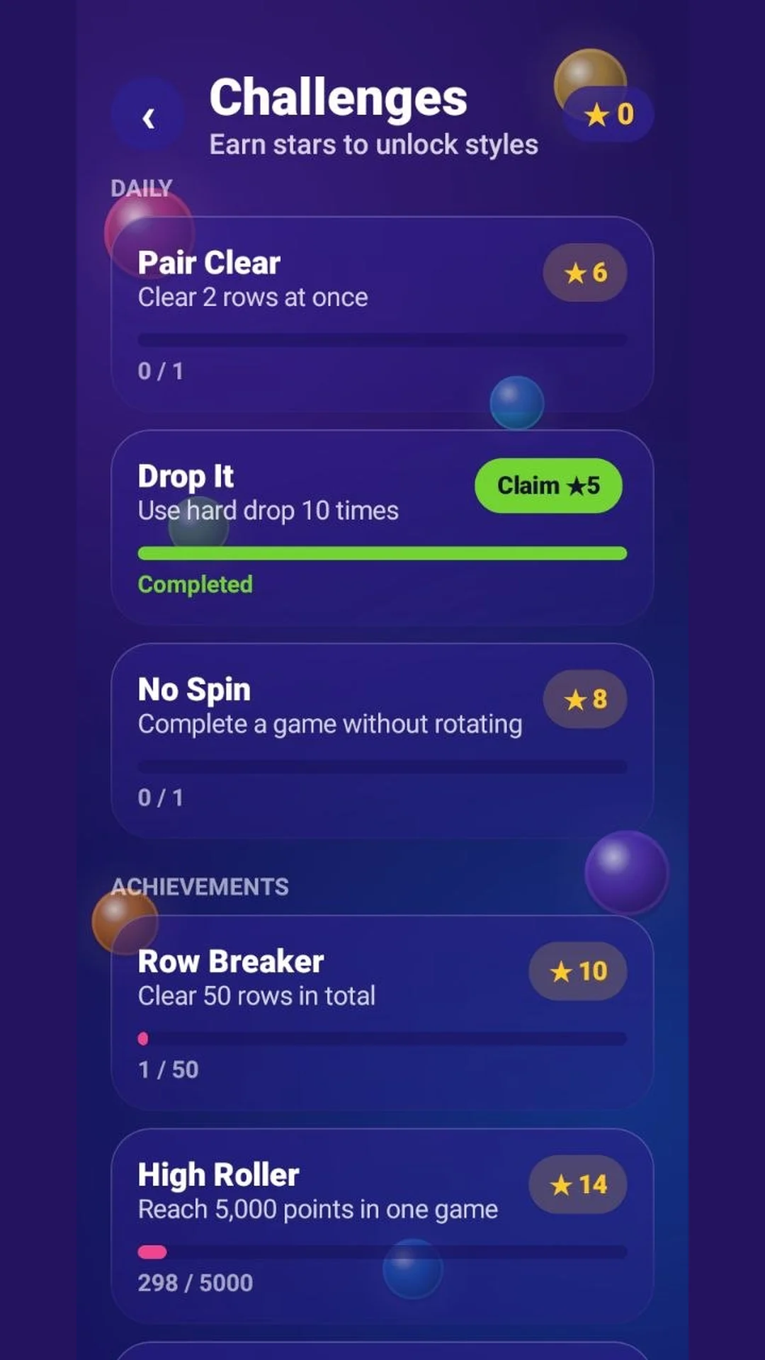 Plinko challenges screen with daily goals and achievements