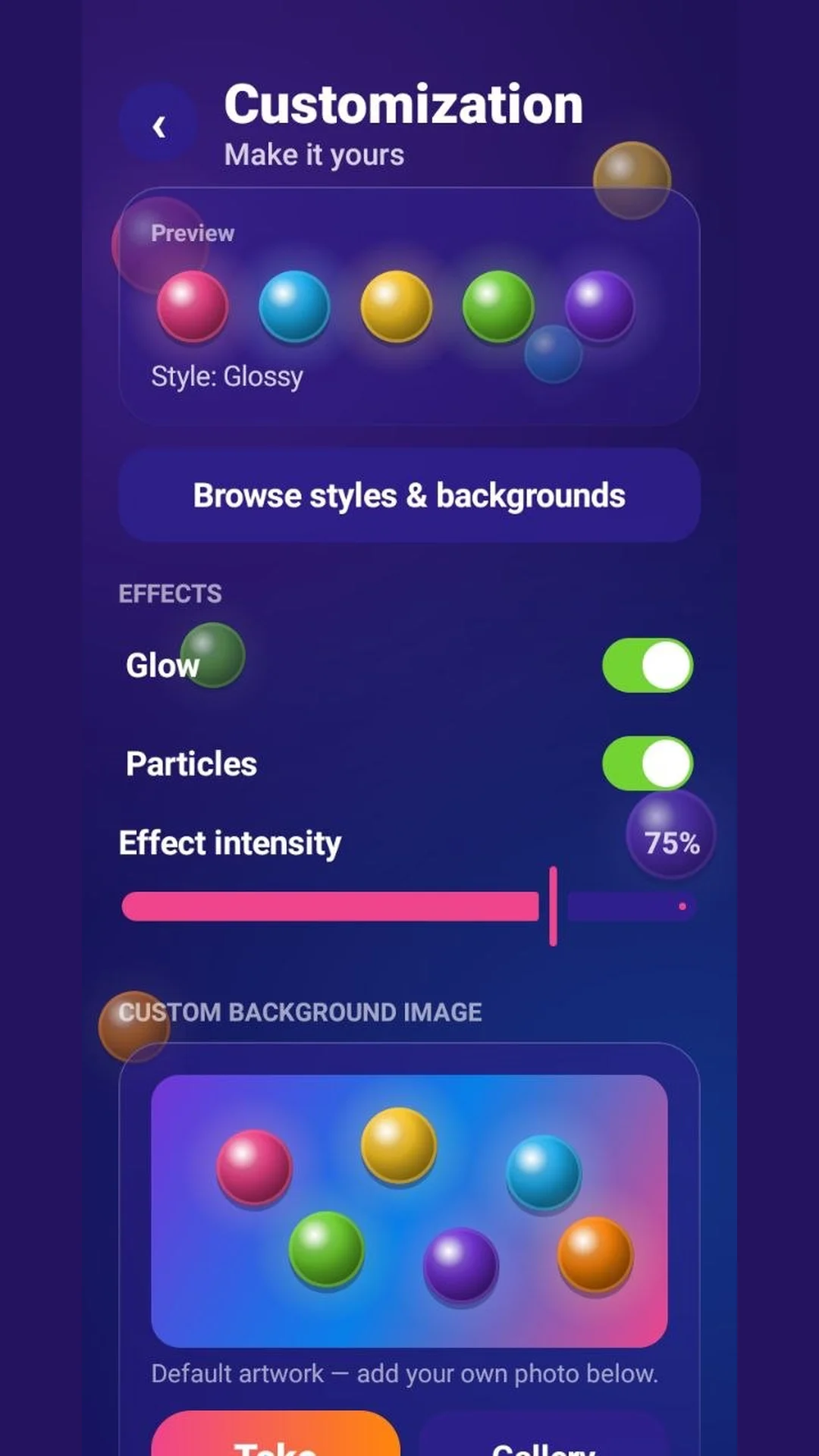 Plinko customization screen with glow, particles and effect intensity