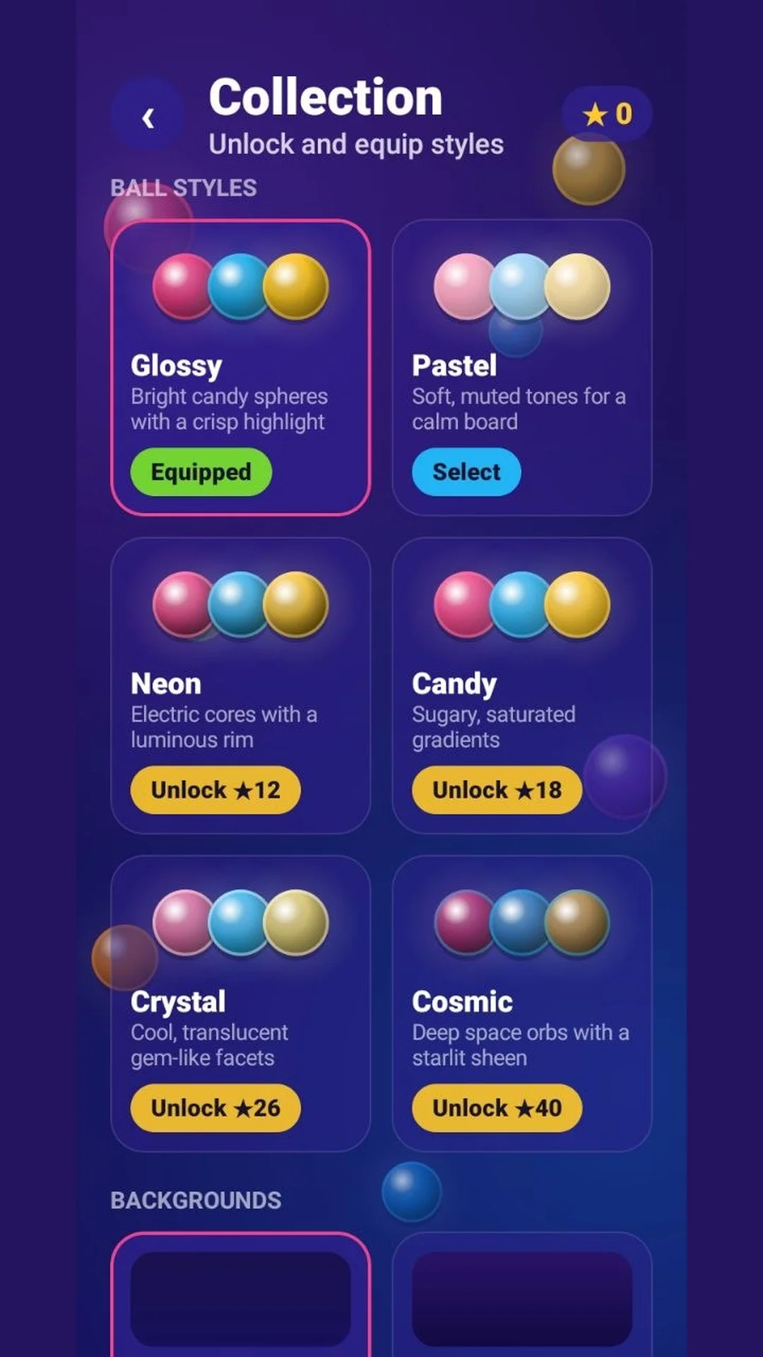 Plinko collection screen with ball styles Glossy, Pastel, Neon, Candy, Crystal, Cosmic
