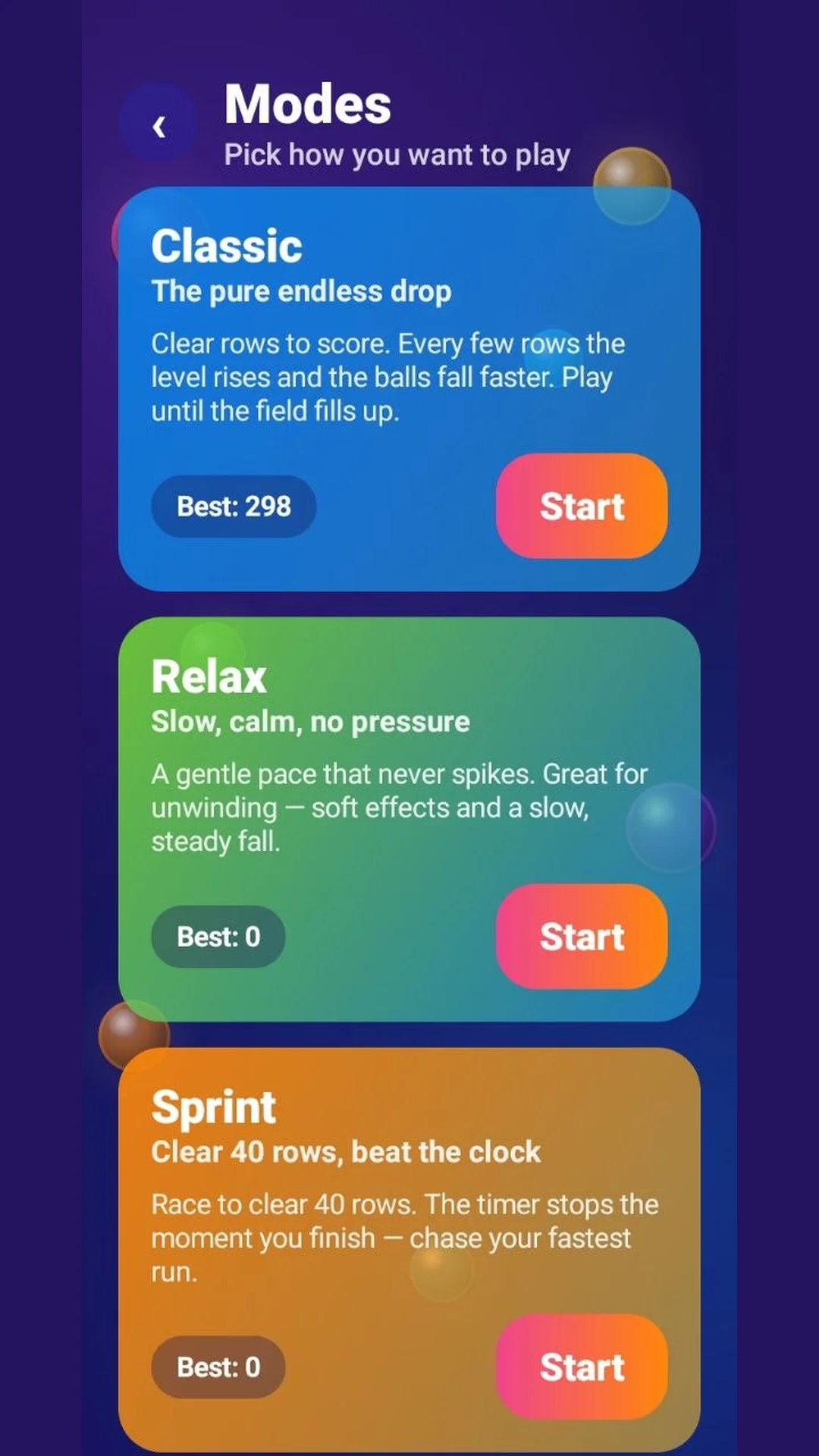 Plinko modes screen: Classic, Relax and Sprint