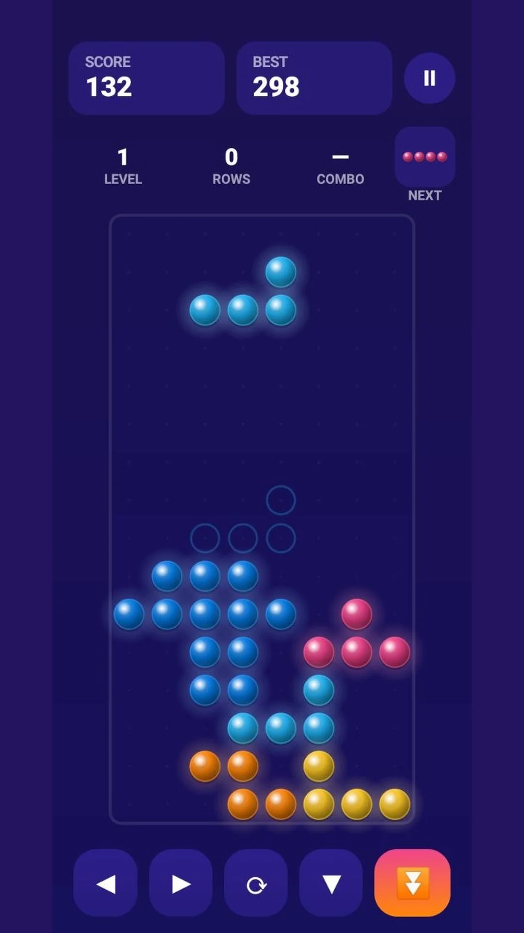 Plinko gameplay board showing score 132, level and next piece