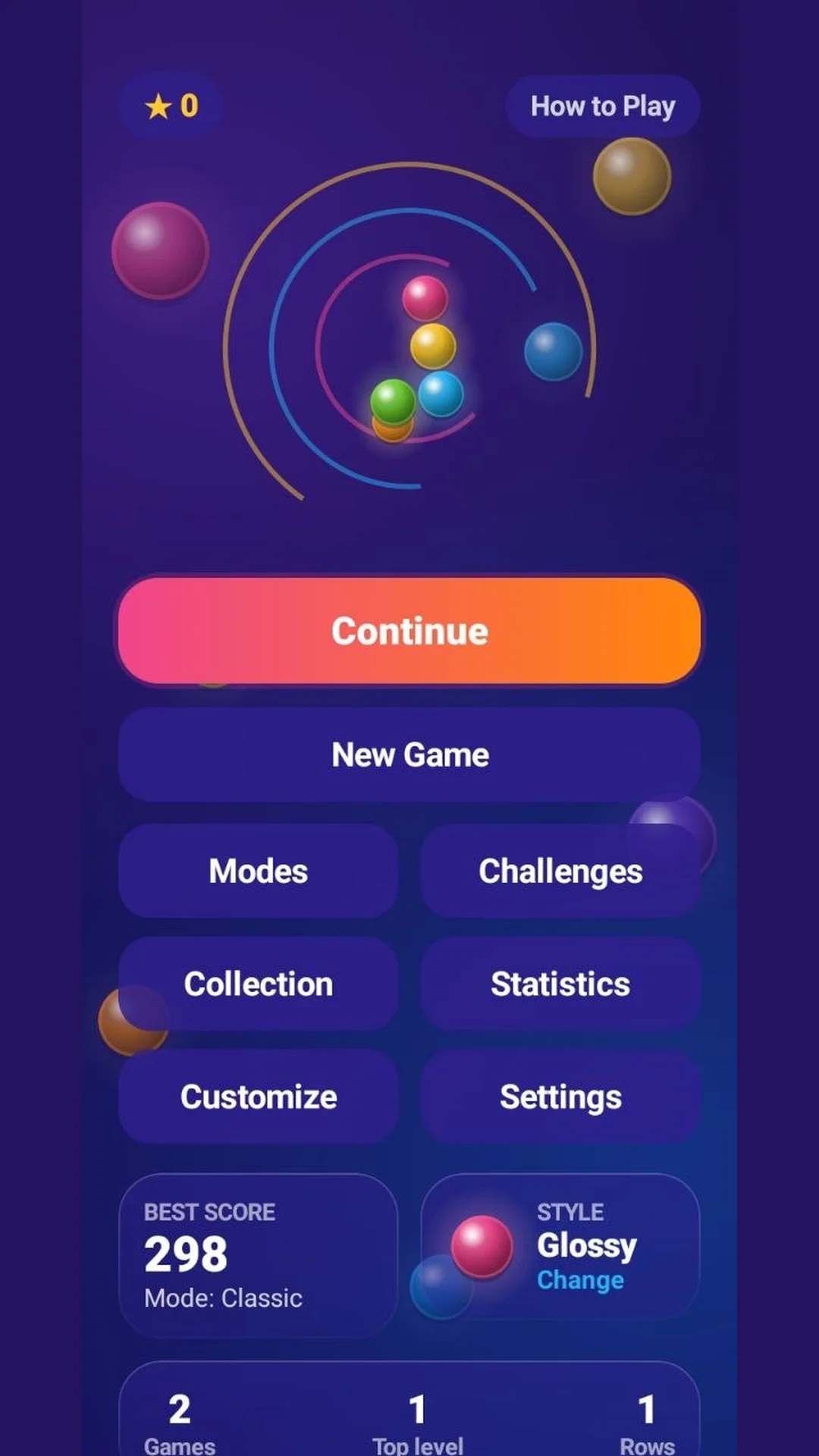 Plinko home screen with Continue, New Game and mode menu